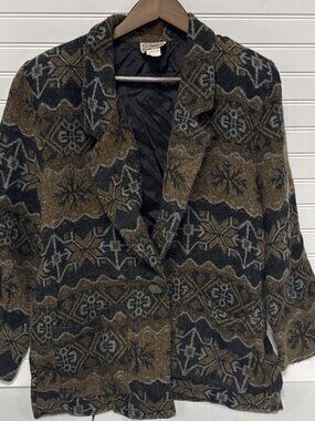 Vintage Gemini Knit Sweater Cardigan Blazer Brown Black Fair Isle 80s Women's M